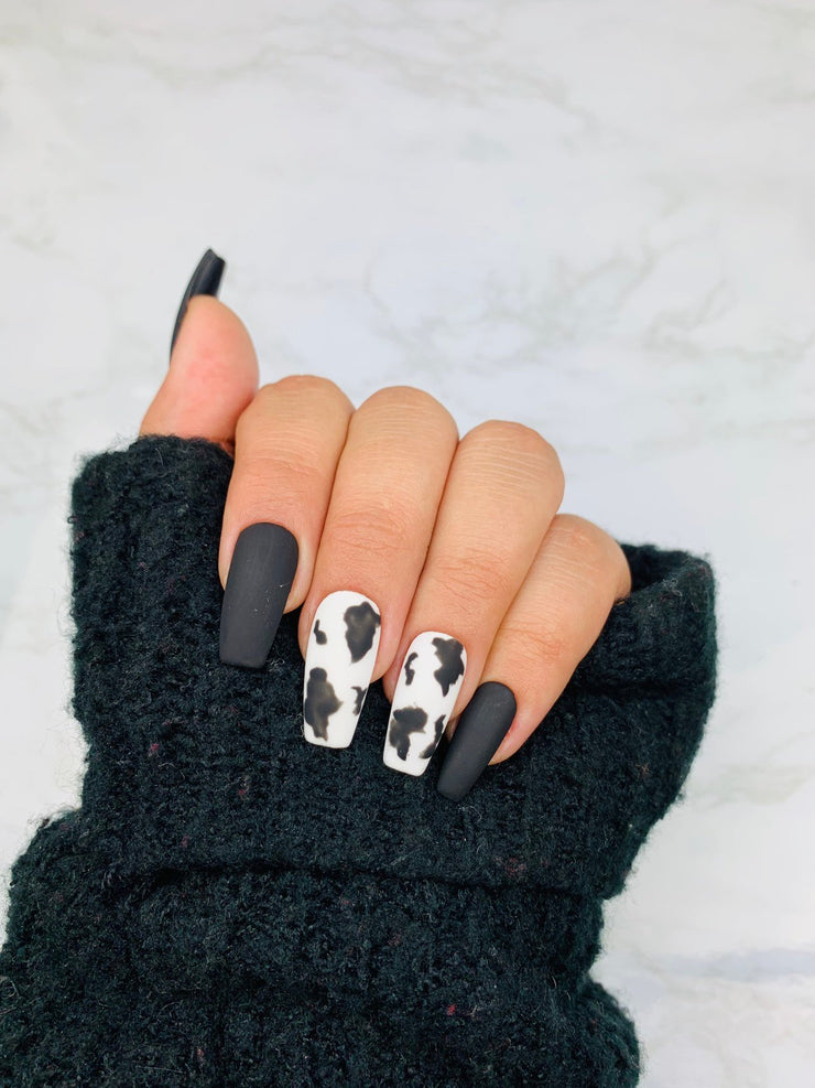 white and black cow print french tip press on nails nails medium coffin |  eBay