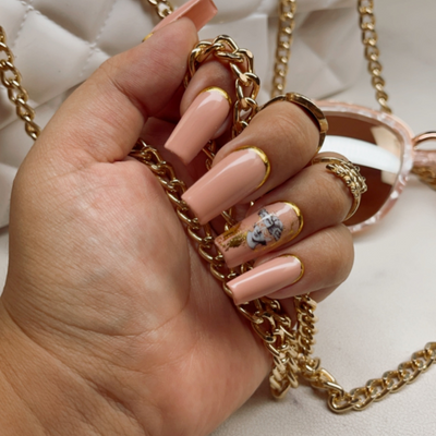 nude pink with gold foil greek press on nails
